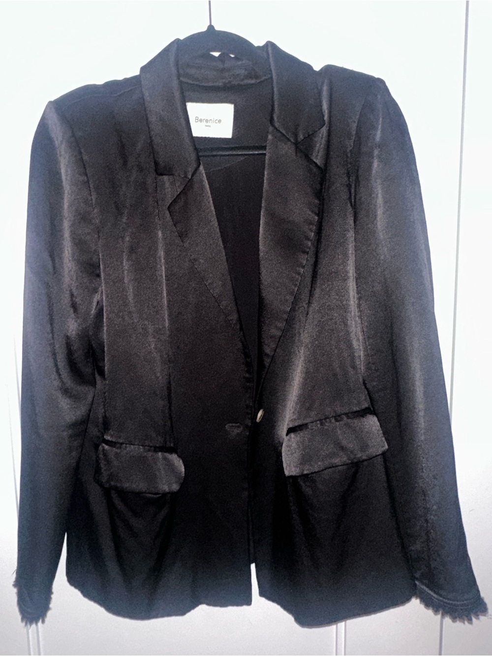 Berenice Paris Black Satin Blazer Frayed Edge One Button Jacket